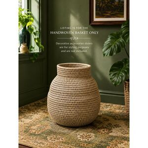 Vintage Hand Woven Rattan Basket Vase Boho Wicker Floor Vase Natural Decor 14"